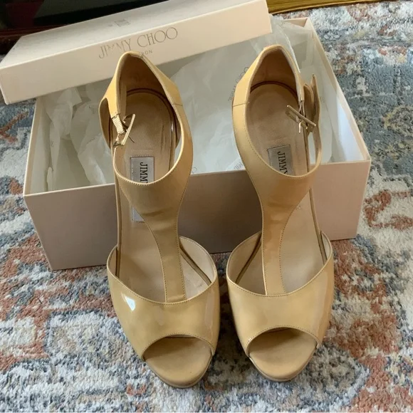 Jimmy Choo Totem nude patent leather buckle strap stiletto heels EU 39 with box! - Picture 7 of 13